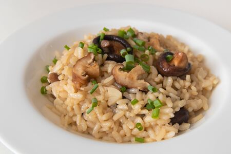 Risotto with funghi and chopped chives on white backgroundの写真素材