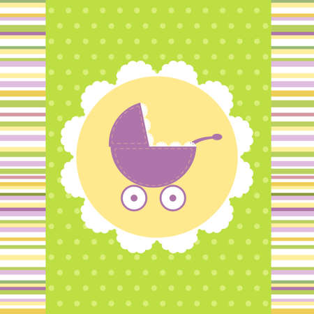 A vector illustration of baby stroller on polka dot and many colored stripes backgroundのイラスト素材