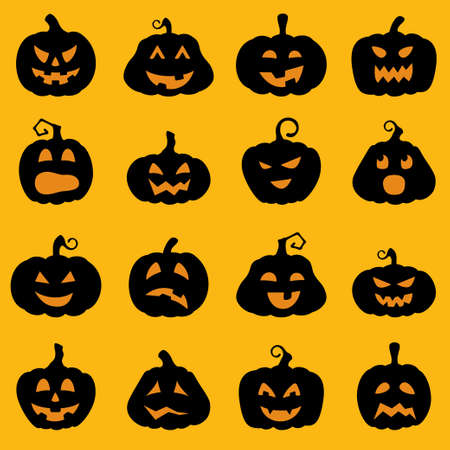 Halloween decoration Jack-o-Lantern silhouette set. Pumpkins designs with different facial expressionsのイラスト素材
