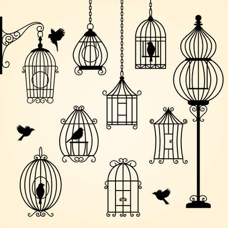 Set of vintage bird cages. Vector illustrationのイラスト素材