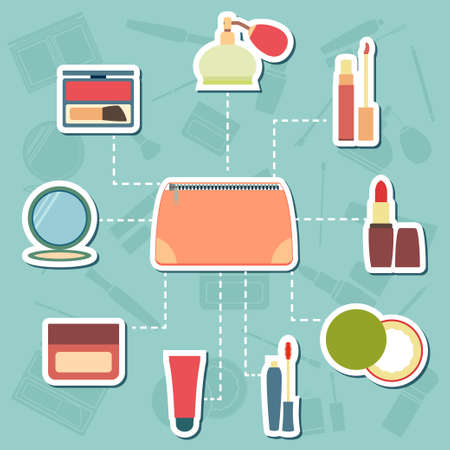 Makeup case, cosmetic and beauty accessories on blue background.のイラスト素材