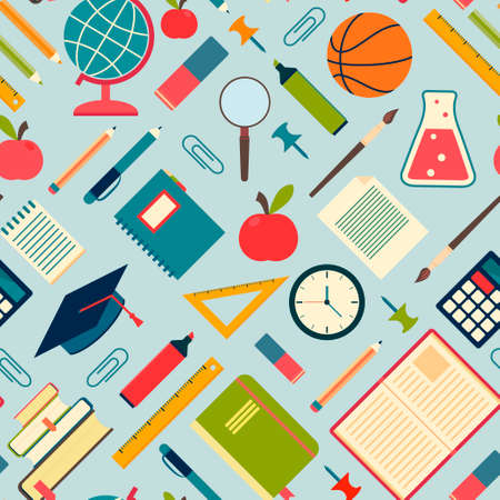 School tools and supplies on a blue background  Seamless pattern  Vector illustrationのイラスト素材