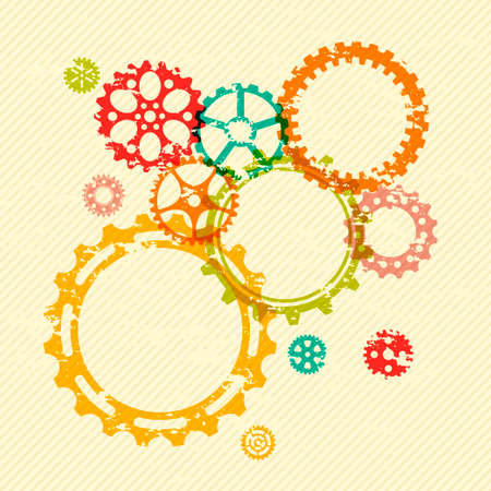 Colorful gears on bright grunge striped background  Vector illustrationのイラスト素材