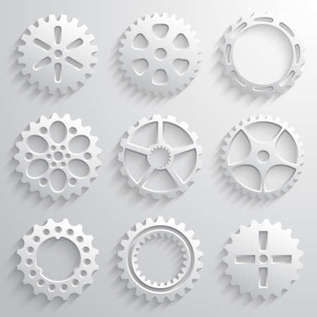 Gear wheels icon set. Nine 3d gears on a light gray background. Vector illustrationのイラスト素材