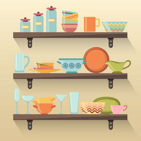 Kitchen shelves with colorful tableware. Vector illustrationのイラスト素材