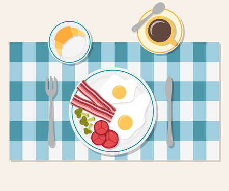 Breakfast. Table setting. Bacon and vegetables, egg, coffee and croissantのイラスト素材