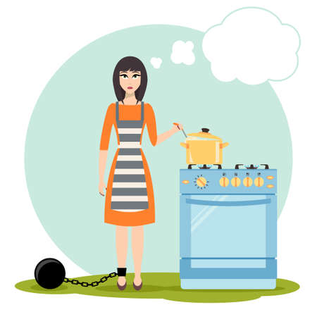 Sad woman dreaming near the kitchen stove. Housewife in shacklesのイラスト素材
