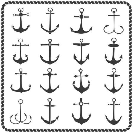 Set of sixteen hand drawn anchors. Vector illustrationのイラスト素材