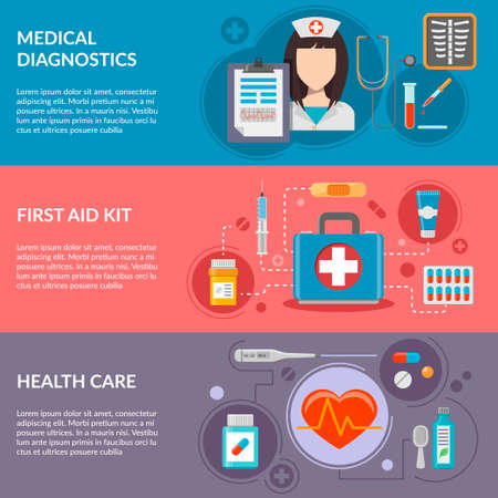 Three medical horizontal banners with medical icons in flat style. Healthcare and medicine illustrationのイラスト素材