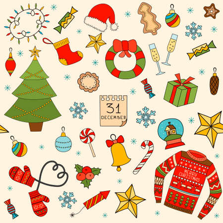 Winter and Christmas seamless pattern. Hand drawn vector elementsのイラスト素材