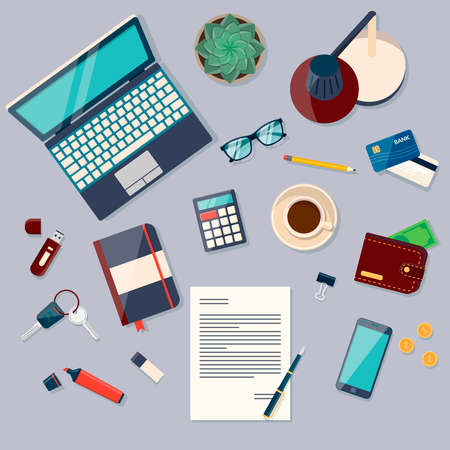 Workplace concept. Flat design modern vector illustration. Top view of desk background with laptop, digital devices, office objects, books and documentsの写真素材