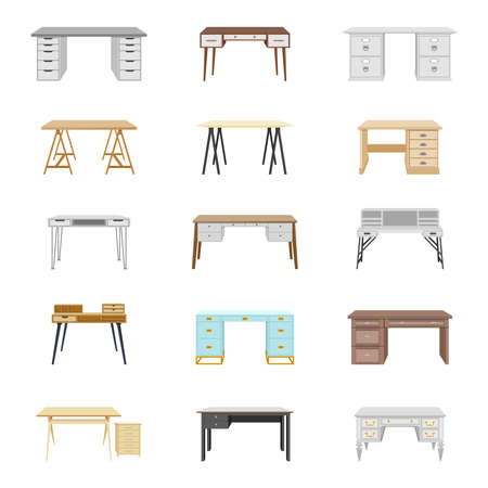 Set of fifteen desks. Furniture for home and office. Elements for work interior office space. Vector illustrationのイラスト素材