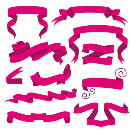 Horizontal cartoon ribbon banners vector. Set of pink ribbons in flat styleのイラスト素材