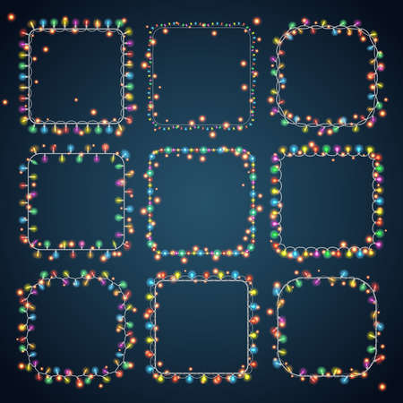 Set of 9 color square garland lights. Glowing christmas lights on dark blue background. Vector seamless square objects. Includes 10 vector brushes festive strands of Christmas lightsのイラスト素材