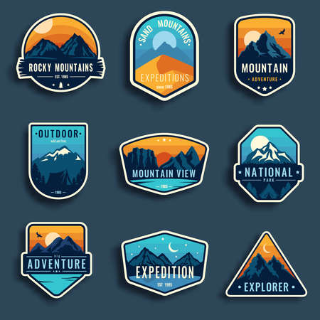 Set of nine mountain travel emblems. Camping outdoor adventure emblems, badges and logo patches. Mountain tourism, hiking. Forest camp labels in vintage styleのイラスト素材
