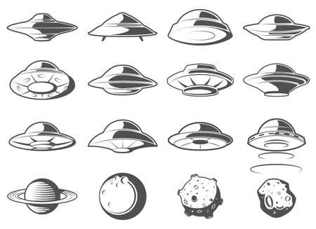 Alien spaceship, spacecrafts and ufo set. Cosmic ship in form saucer for transportation. Monochrome UFO Elements Setのイラスト素材