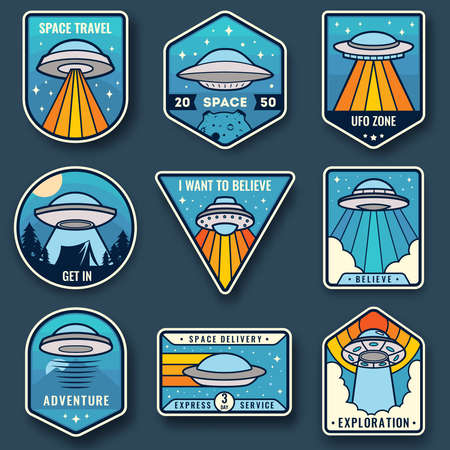 Alien spaceship, spacecrafts and ufo emblems set. Cosmic ship in form saucer for transportation. Color UFO badges vector setのイラスト素材