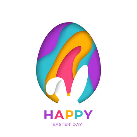 Happy Easter greeting card with abstract paper cut shapes on white background with bunny rabbit shape. Colorful 3D carving art, rabbit and egg signs.のイラスト素材