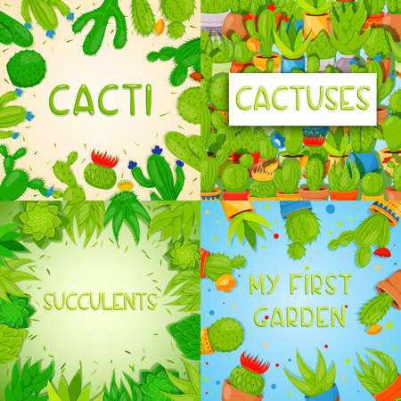Set of square vector banner templates with cactuses and succulents. Home cactus plants with prickles and flowers. Exotic tropical collection of various succulentsのイラスト素材