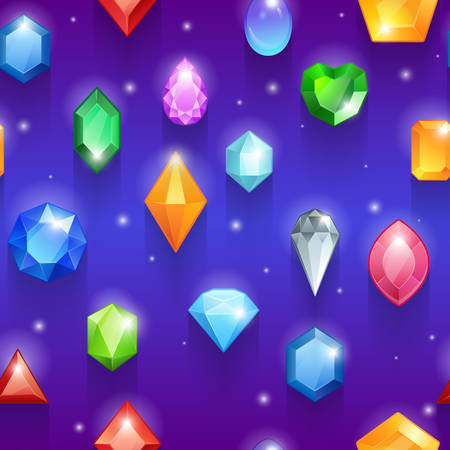 Seamless colorful gemstones vector pattern. Diamonds and gems elements on dark blue background. Abstract seamless background with glowing colorful jewelsのイラスト素材