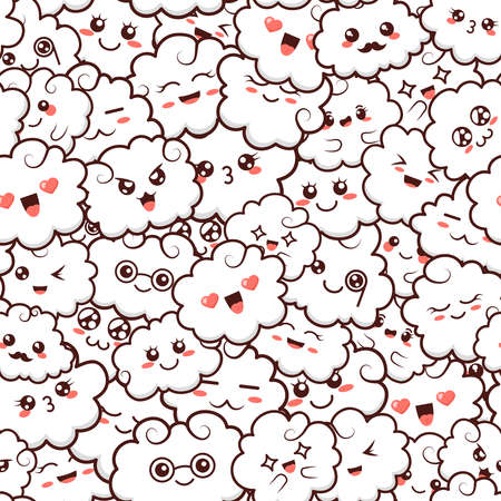 Seamless pattern with cute lovely  clouds. Doodle cartoon clouds with faces in manga style. Cute emoticon emoji hand drawn characters. Emotion smile cartoon Vector illustration.のイラスト素材