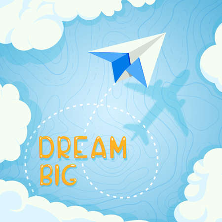 Concept banner on the theme of travel by airplane, vacation, adventure. Paper plane background in blue sky with topographical mapのイラスト素材