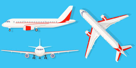 Airplane on blue background in different point of view. Airliner in top, side, front view. Flat...