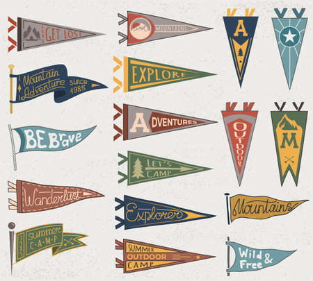 Set of adventure, outdoors, camping colorful pennants. Retro labels on textured background. Hand drawn wanderlust style. Pennant travel flags designのイラスト素材