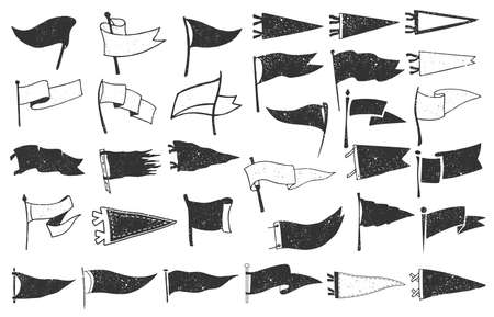 Set of textured pennants. Retro monochrome labels. Hand drawn wanderlust style. Pennant flags design. Vector illustration.のイラスト素材