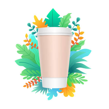 Vector paper coffee cup design with colorful leaves and plant. Takeaway cup packagingのイラスト素材