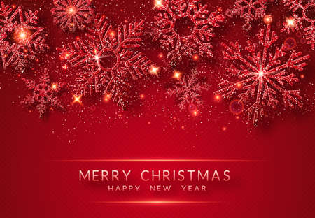 Christmas background with shining golden snowflakes and snow. Merry Christmas card illustration on red background. Sparkling shiny snowflakes with glitter textureのイラスト素材