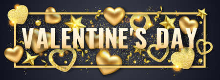 Valentines Day horizontal vector banner with shining hearts, ribbons, stars and colorful balls. Holiday card illustration on dark backgroundのイラスト素材