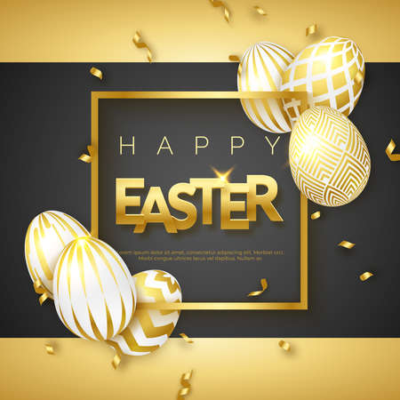 Easter black and gold background with realistic golden decorated eggs, frame, text and ribbons. Vector illustration greeting card, poster, flyer, bannerのイラスト素材