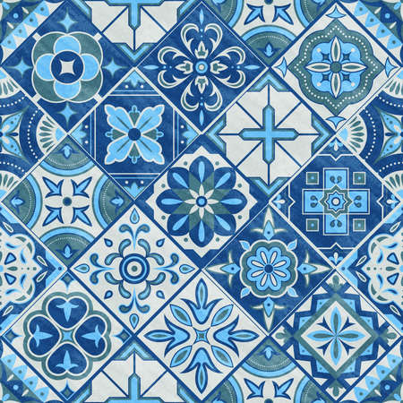 Seamless romb patchwork tile in blue, gray and green colors. Vintage ceramic tiles vector...