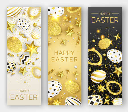Three Easter vertical banners with realistic golden decorated eggs, ribbons, stars and colorful balls. Easter card illustration on light and dark background. Vector illustration greeting card, poster, flyer, bannerのイラスト素材