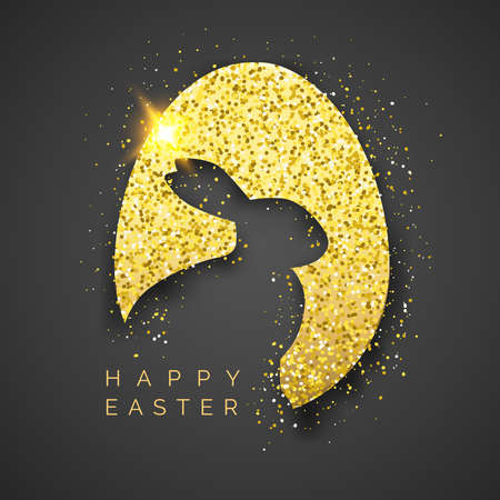 Easter black background with realistic golden egg, confetti, bunny silhouette and text. Vector shiny illustration greeting card, poster, flyer, bannerのイラスト素材