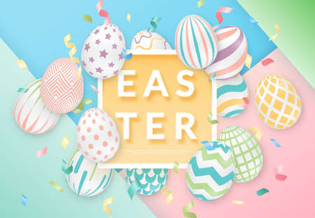 Easter background with 3d ornate eggs, text, ribbons and frame. Illustration in soft colors. Cute...