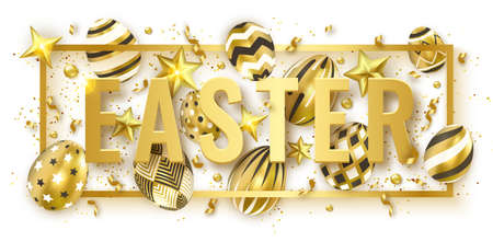 Easter horizontal banner with realistic golden decorated eggs, ribbons, stars and colorful balls. Easter card illustration on white background. Vector illustration greeting card, poster, flyer, bannerのイラスト素材