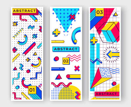 Three vertical memphis banners. Abstract 90s trends elements with multicolored simple geometric...