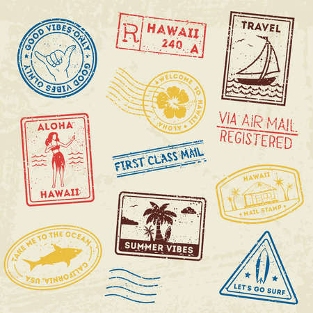 Summer beach post stamps. Hand drawn palm trees and beach elements in retro style. Summer grunge labels, badges and iconsのイラスト素材