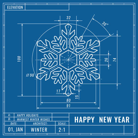 Snowflake as technical blueprint drawing. Christmas technical concept. Mechanical engineering drawings. Christmas and new year banner, cover, poster, flyer or greeting vector cardのイラスト素材