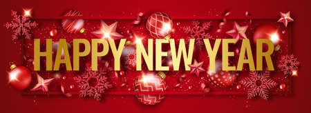 New Year horizontal banner with shining snowflakes, ribbons, stars and colorful balls. New year and Christmas vector card illustration on red backgroundのイラスト素材