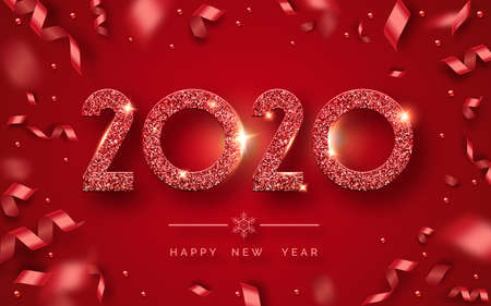 Happy New Year 2020. Background with shining numerals and ribbons. New year and Christmas card...