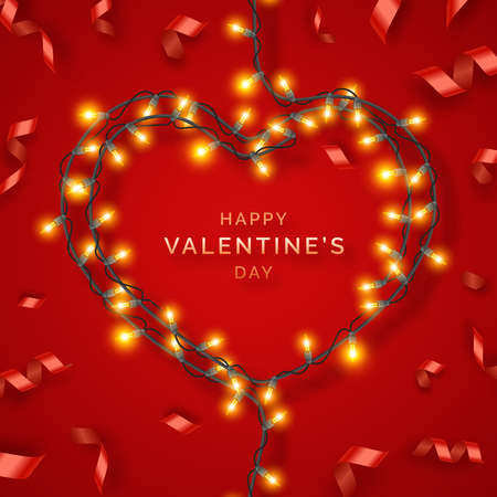 Valentines Day background with red ribbons, lights and text. Holiday card illustration on red background. Valentines day festive heart shaped lighting decoration with light bulbs on wiresのイラスト素材