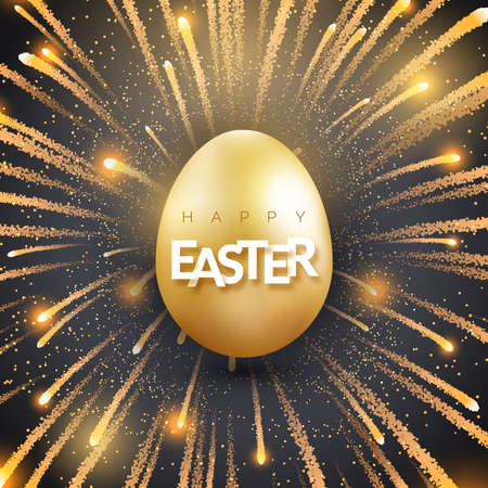 Easter background with shining golden egg and firework. Holiday vector card illustration on black background. Bursting firework and glitter textureのイラスト素材