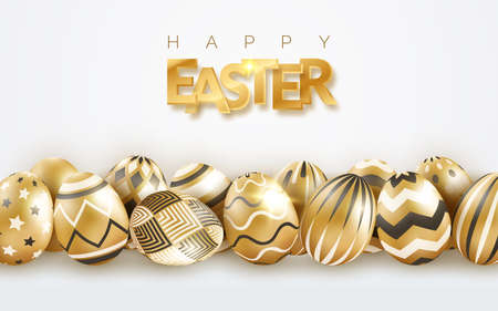 Easter holiday background with realistic golden decorated eggs and text. Vector poster, flyer, banner on light backgroundのイラスト素材