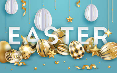 Easter vector black background with realistic decorated golden eggs, ribbons, stars, confetti and text. Egg frame shape. Holiday poster, flyer, banner, greeting cardのイラスト素材