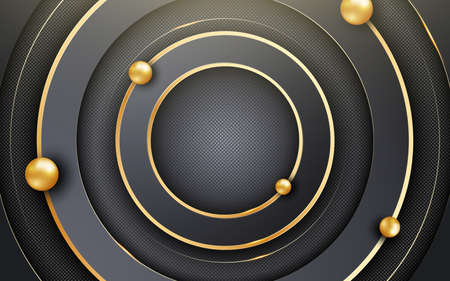 Black and gold paper cut background. Abstract vector background with black circles and shimmering glitter pattern. Composition with circle shapesのイラスト素材