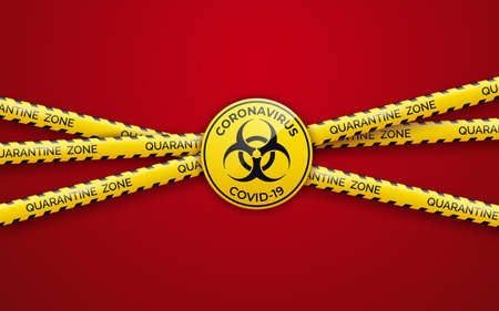 Danger tape quarantine zone and biohazard sign. Warning tape fencing. Pandemic covid-19 yellow tape...