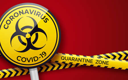Danger tape quarantine zone and biohazard sign. Warning tape fencing. Pandemic covid-19 yellow tape with quarantine inscriptionのイラスト素材